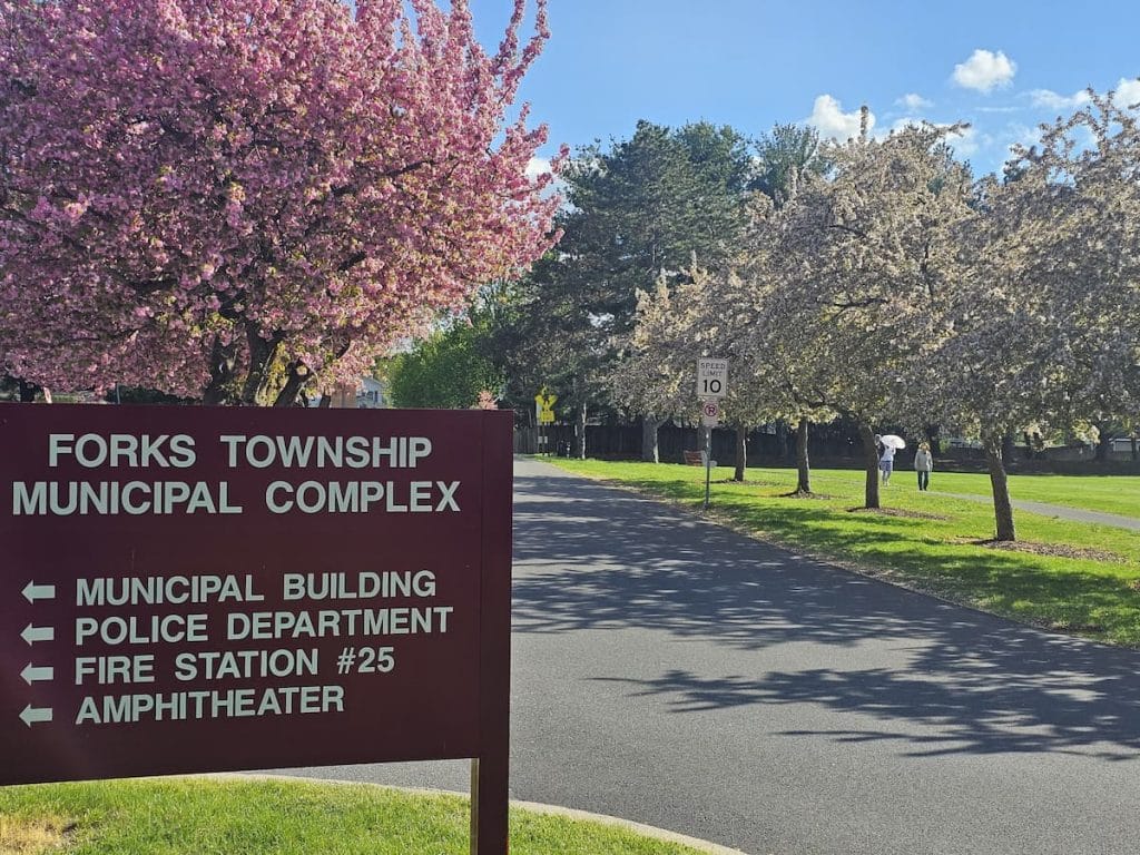 Forks Municipal Park sign with blooming pink tree in Forks Township PA - Angst Cleaning service area