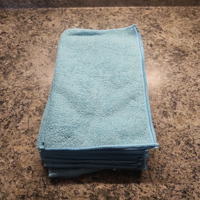 Blue color-coded microfiber cloths designated for office surface and desk cleaning Angst Cleaning Lehigh Valley PA
